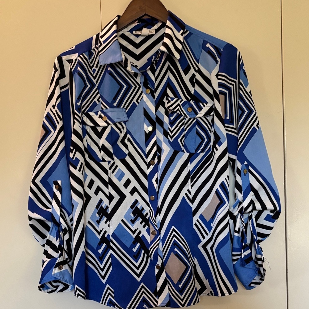 Dana Buchman Geometric Blue & Black Button-Up Blouse Professional Office Size L